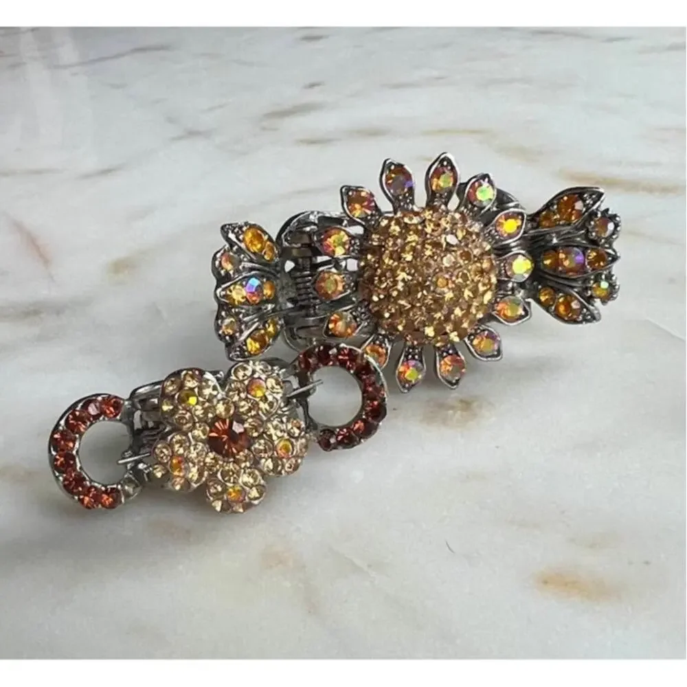 Vintage Sterling Silver and Crystal Flower Hair Claw Clips